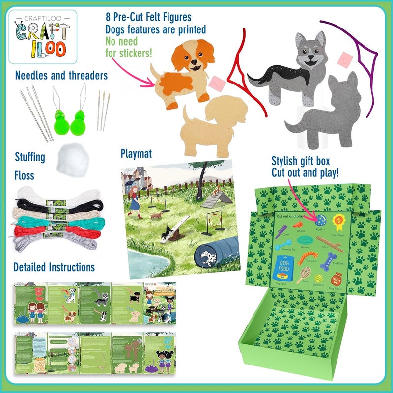 CRAFTILOO 8 Pre-Cut Dogs Stuffed Animal Fun Kids Sewing Kit for Kids Ages 8-12 Children Beginners Sewing kit Kid Puppy Crafts Felt Pillow Plush Craft Kit Girls and Boys - Image 3